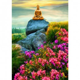 Buddha a szikla tetején rózsaszín virágokkal kreatív gyémántkirakó készlet
