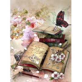 Vintage könyvek virágokkal és pillangóval kreatív gyémánt kirakó készlet