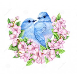 Kék madárkák rózsaszín virágokkal kreatív gyémánt kirakó készlet
