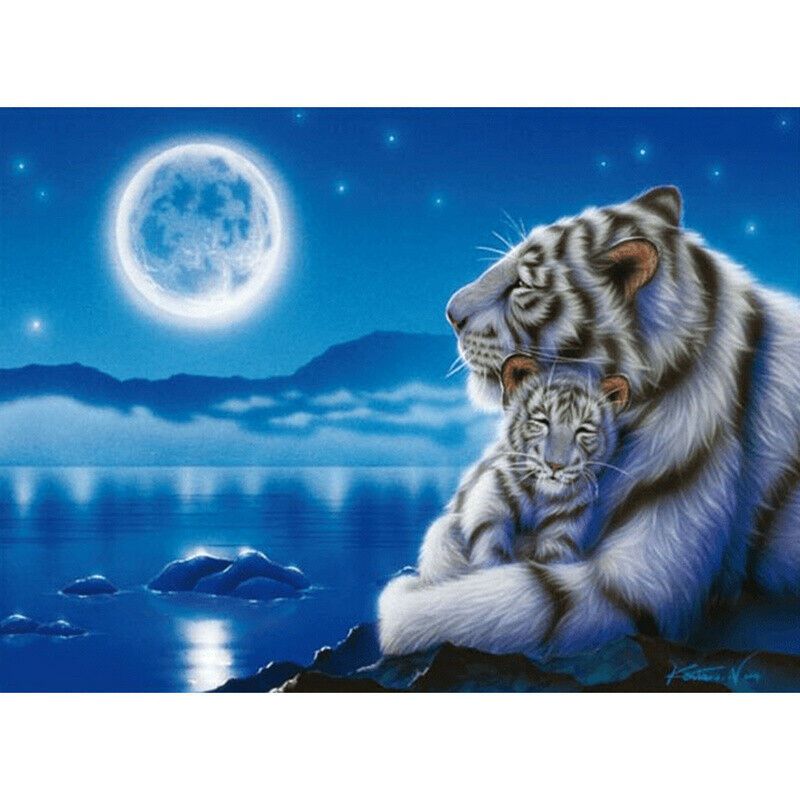 Fehér tigris és kölyke a holdfényben kreatív gyémántkirakó készlet