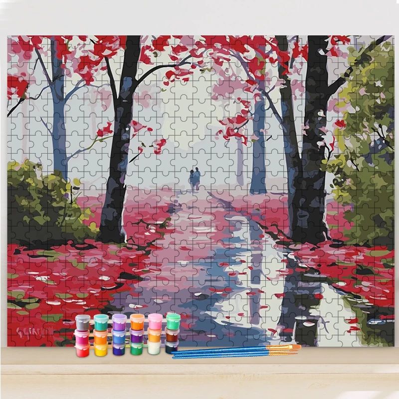 Őszi pirosas tájkép számfestő puzzle