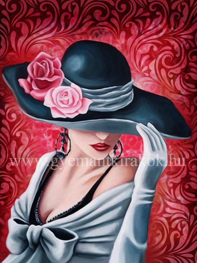 Elegáns hölgy kalapban vörös háttérrel kreatív gyémánt kirakó készlet